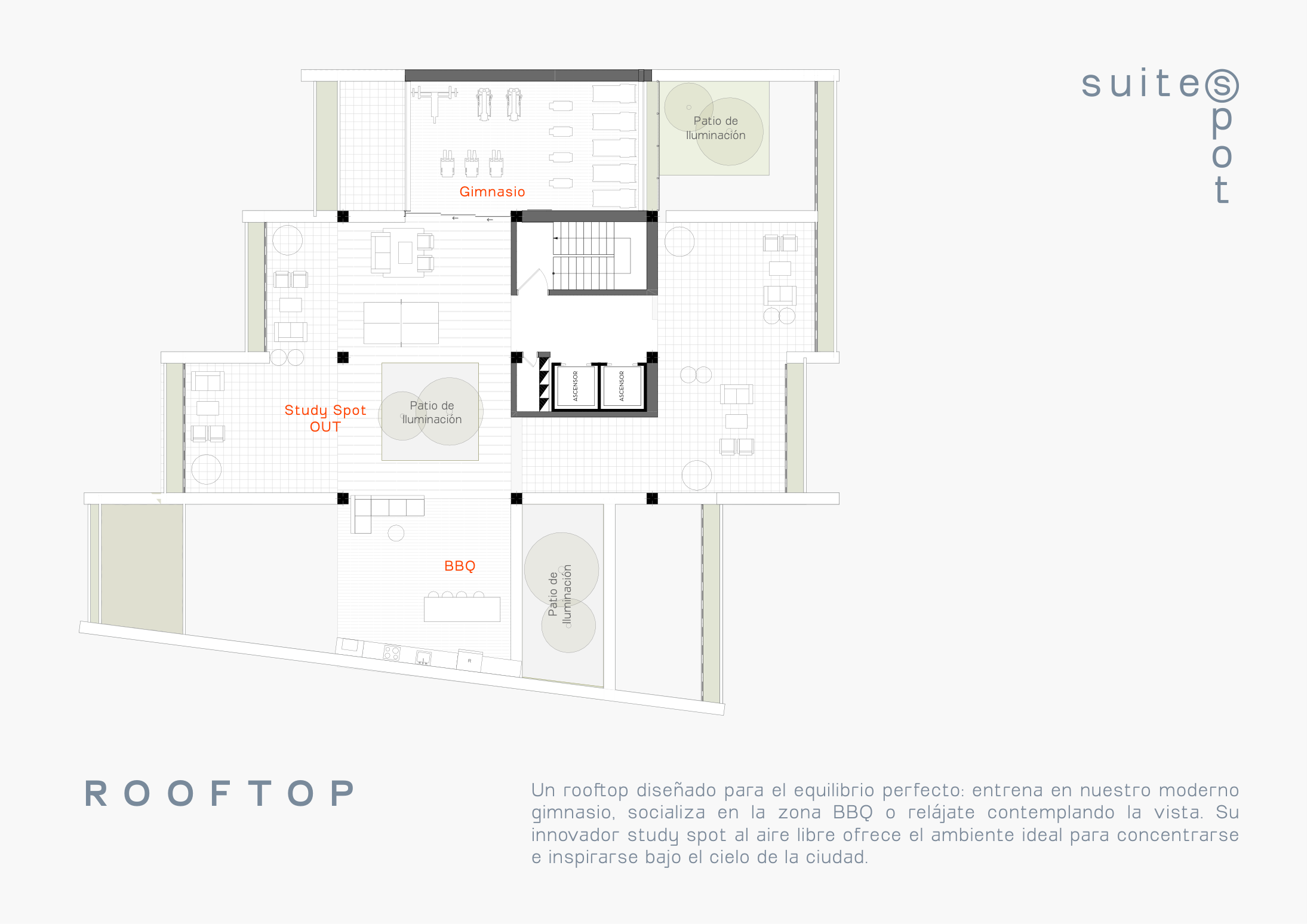 Plano de distribución del rooftop de Suites Spot: gimnasio, BBQ, study spot al aire libre y patios de iluminación