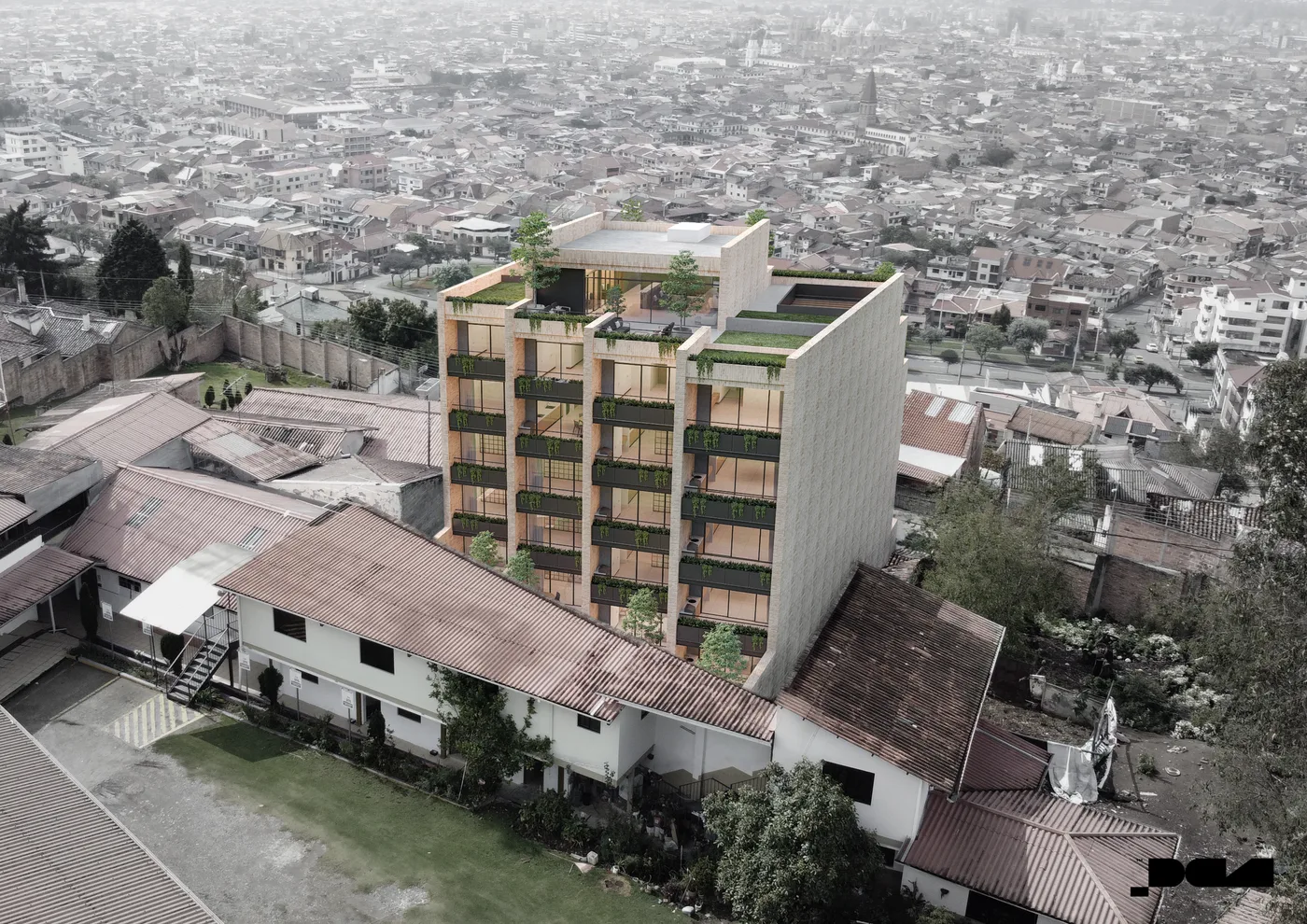 Render de la vista posterior del edificio hacia Calle Sócrates